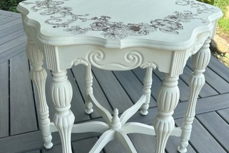 after picture of a shabby chic cream colored table with a Victorian transfer