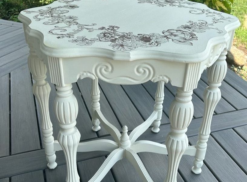 after picture of a shabby chic cream colored table with a Victorian transfer